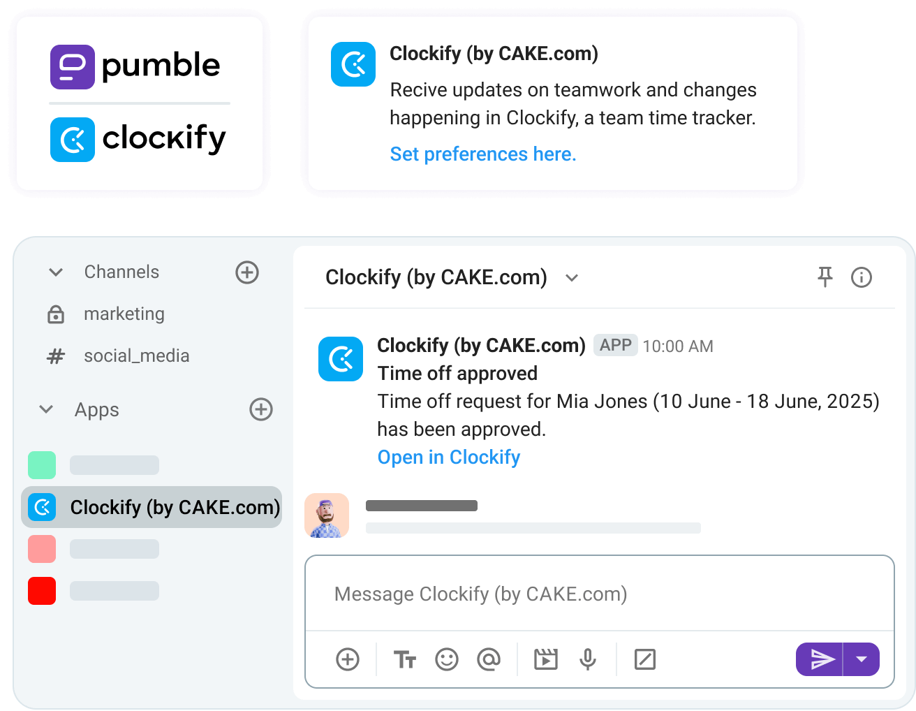Image of how Clockify works in Pumble