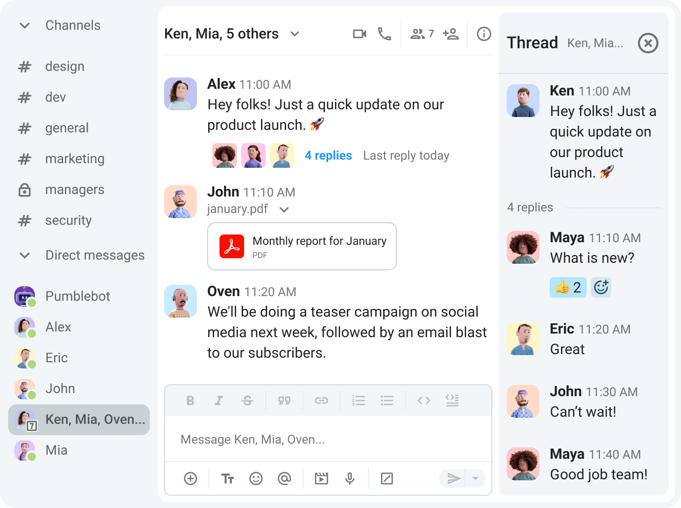 Communicate individually or with the group in Pumble direct messages