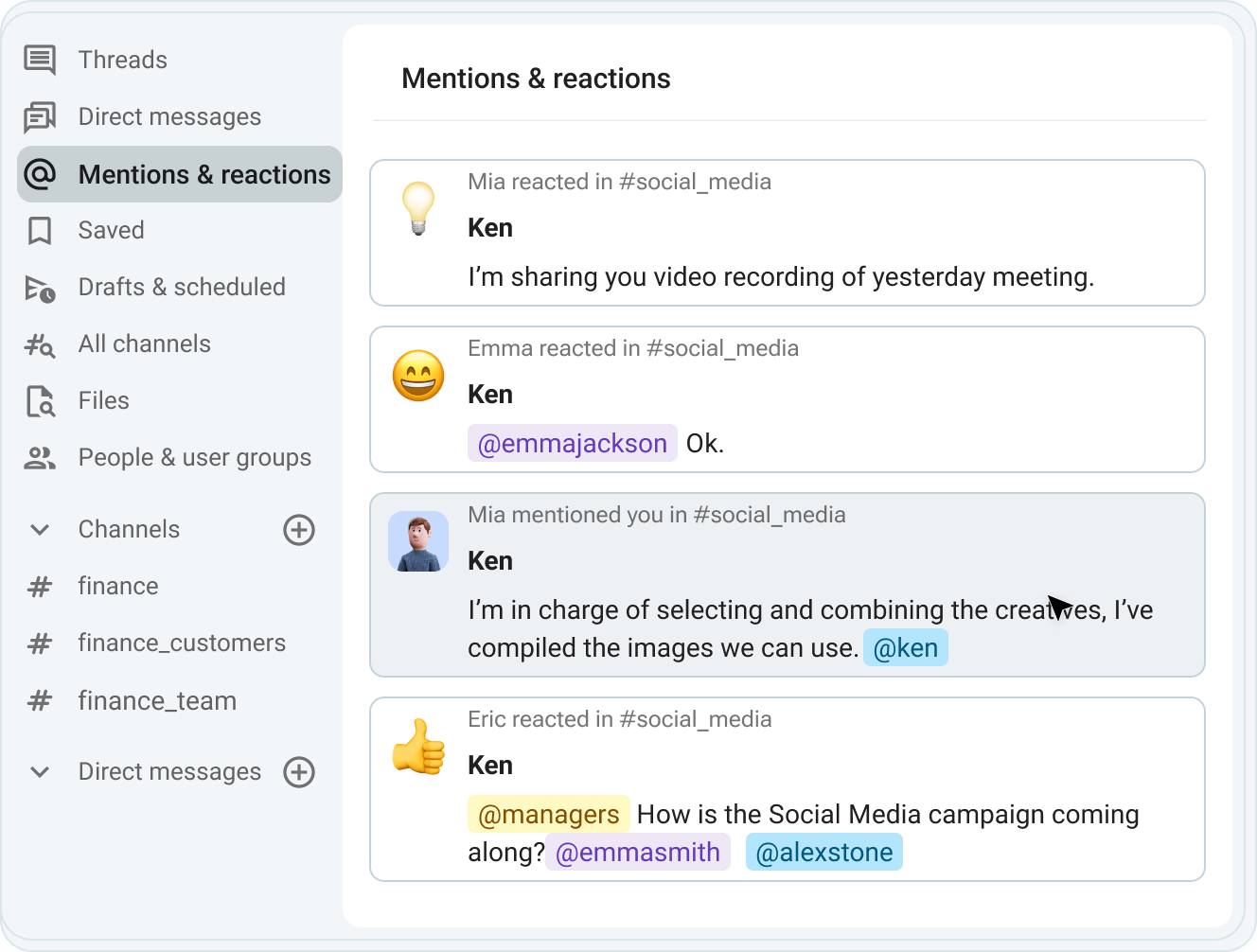 Mentions and reactions feed