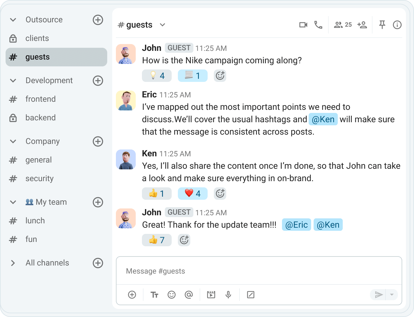 Use mentions and reactions to notify your team