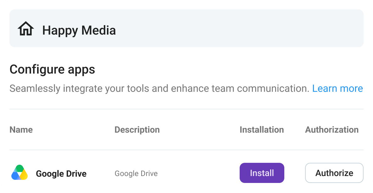 Image of the Apps setion in Pumble where you can find Google Drive