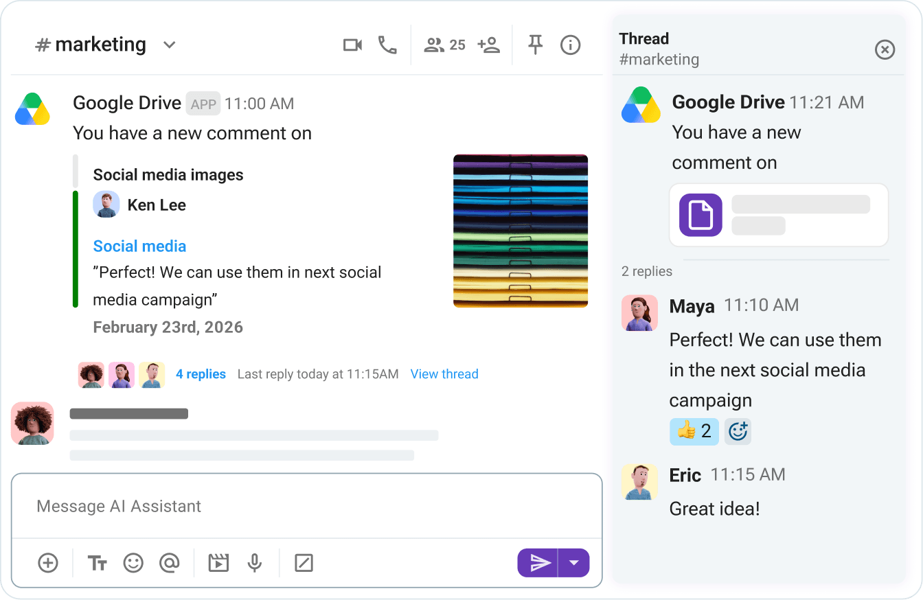 Type a reply in Pumble and add comment to the Google Drive file