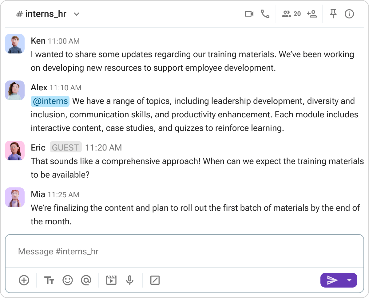 Conversation with interns, interns join as guests